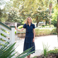 Navy Button Front Shirt Dress with Black Ric-Rac