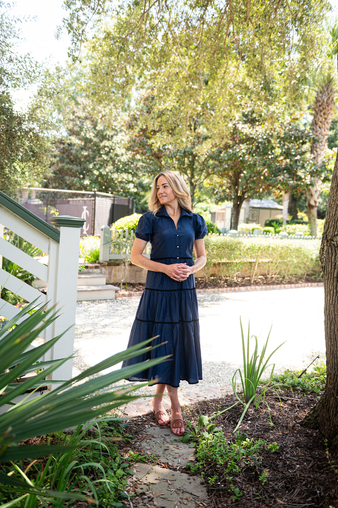 Navy Button Front Shirt Dress with Black Ric-Rac
