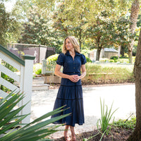 Navy Button Front Shirt Dress with Black Ric-Rac