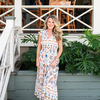 Geo Floral Smocked Waist Midi Dress