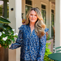 Navy Peony Lurex Ruffle Front Top with Tassels