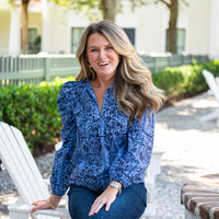 Tropical Block Print Ruffle Front Top with Tassels