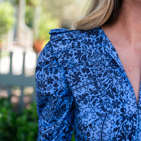 Tropical Block Print Ruffle Front Top with Tassels