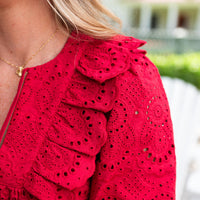 Red Eyelet Ruffle Front Top with Tassels