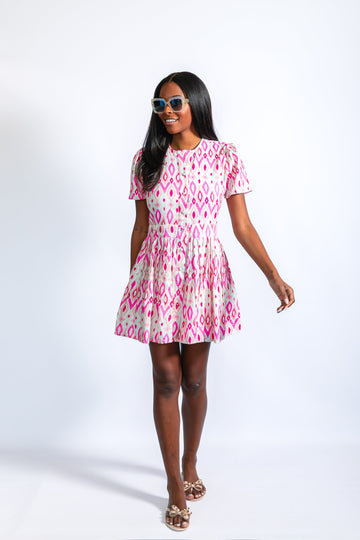 Pink Ikat Button Front Cinched Dress