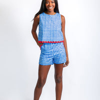 Coastal Blue Gingham Sleeveless Short Set with Ric-Rac