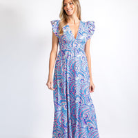 Kaleidoscope Print Flutter Sleeve V-Neck Maxi Dress