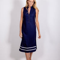 Navy Sleeveless Button Front Midi Tunic with Ric-Rac