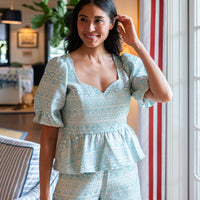 Mint and White Puff Sleeve Peplum Top