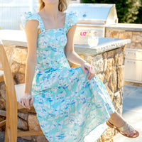 Shadow Leaves Flutter Strap Smocked Midi