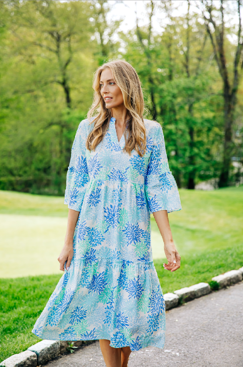 Coral Print Bell Sleeve V-Neck Dress