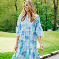 Coral Print Bell Sleeve V-Neck Dress