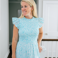 Flowering Vine Print Smocked Bodice Flutter Sleeve Midi