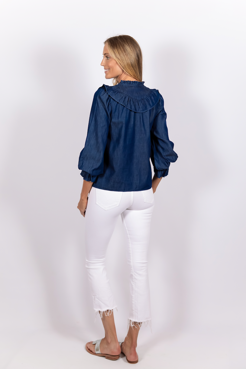 Dark Chambray Long Sleeve Ruffle Bib Blouse