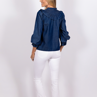 Dark Chambray Long Sleeve Ruffle Bib Blouse