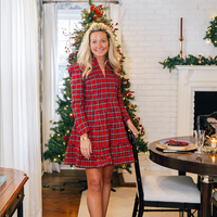 Red Tartan Long Sleeve Tunic Flare Dress