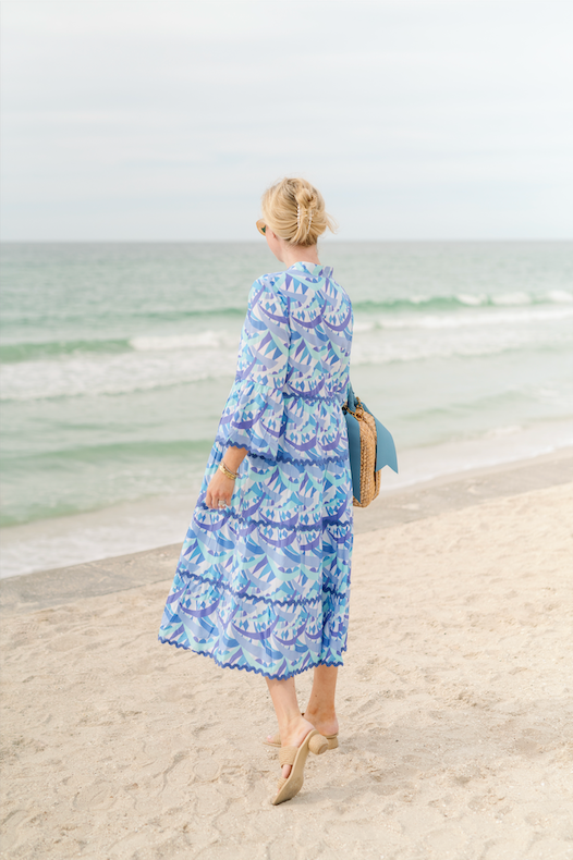 Blue Multi Print V Neck Bell Sleeve Midi Dress with Ric Rac Sail