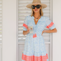 Beach Splash Print Puff Sleeve Dress with Tassels