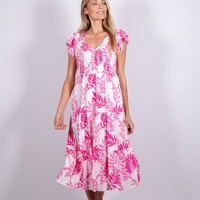 Pink Leaf Print Smocked Flutter Sleeve Midi Dress
