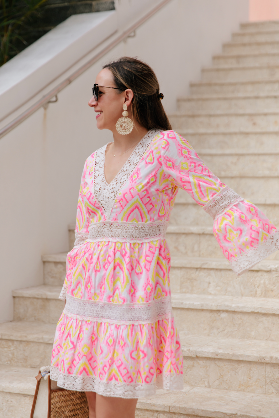 Pink Ikat Print Bell Sleeve Dress with Lace