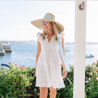White Floral Eyelet Ruffle Neck Dress with Tassels