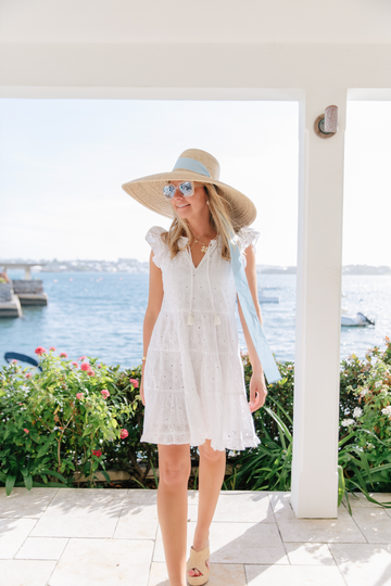 White Floral Eyelet Ruffle Neck Dress with Tassels