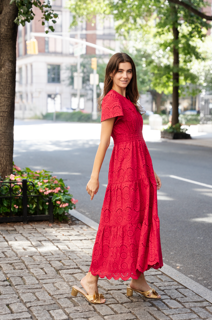Sail to Sable Red Eyelet Cinched Waist Midi Dress Chili Pepper / XL / F25305