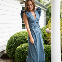 Stone Blue V-Neck Flutter Sleeve Maxi Dress with Ric-Rac