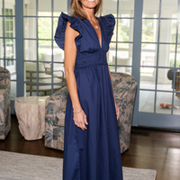Navy V-Neck Flutter Sleeve Maxi Dress with Ric-Rac