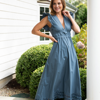 Stone Blue V-Neck Flutter Sleeve Maxi Dress with Ric-Rac