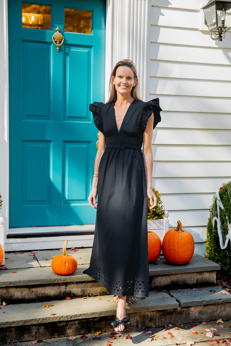 Black V-Neck Flutter Sleeve Maxi Dress with Ric-Rac