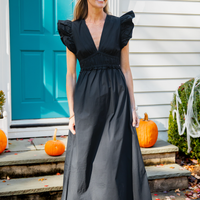 Black V-Neck Flutter Sleeve Maxi Dress with Ric-Rac