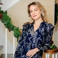 Navy Metallic Ruffle Front Top