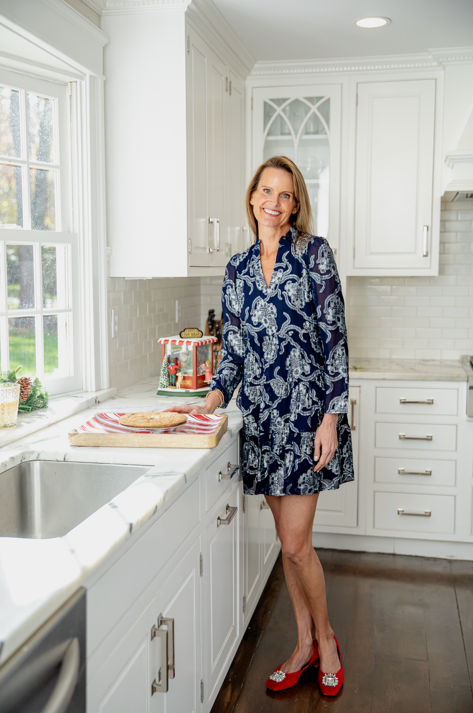 Navy Metallic Long Sleeve Tunic Flare Dress