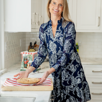 Navy Metallic Long Sleeve Tunic Flare Dress