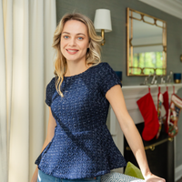 Navy Metallic Tweed Zip Back Peplum Top