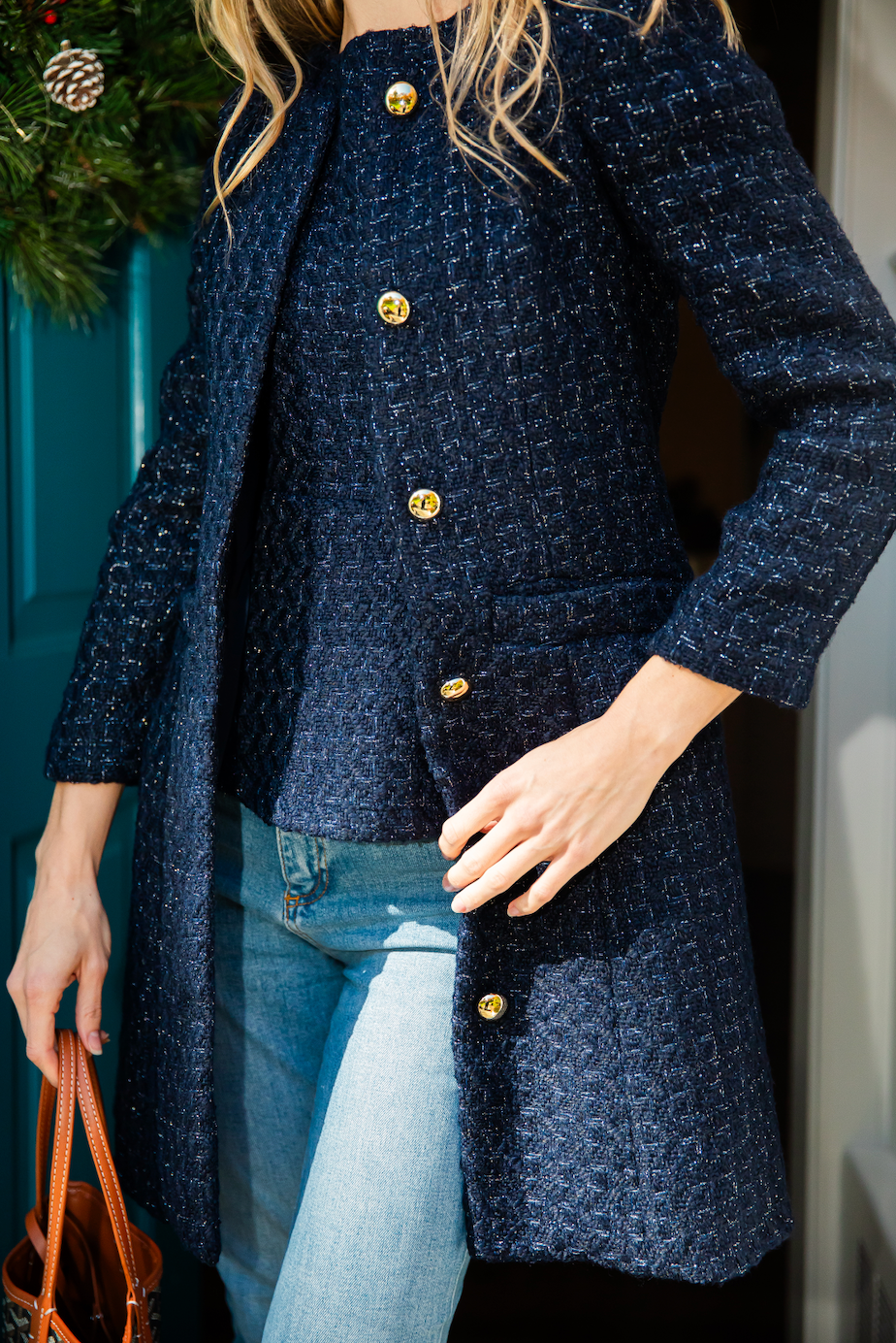 Navy Metallic Tweed Zip Back Peplum Top – Sail to Sable