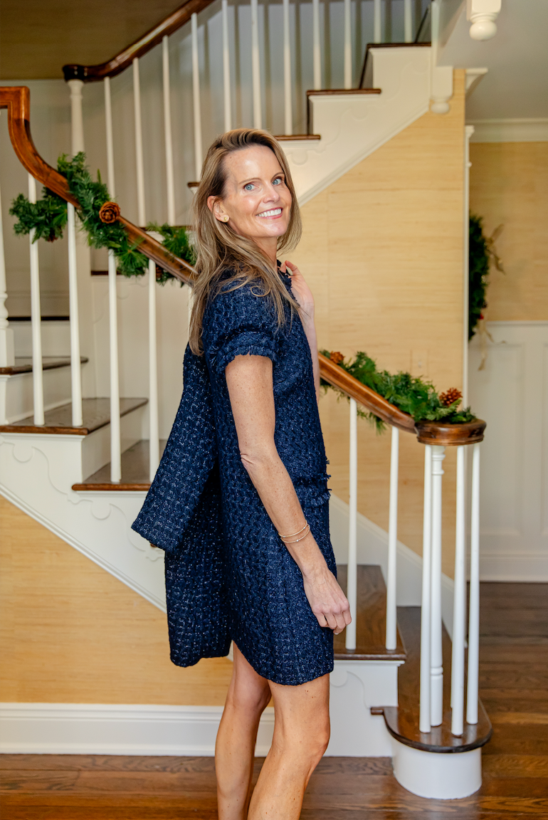 Sail to Sable NAVY Metallic Tweed Short Sleeve Shift Dress NAVY / L / H2522 Sail to Sable NAVY Metallic Tweed Short Sleeve Shift Dress NAVY / L / H2522