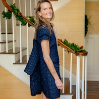 Navy Metallic Tweed Short Sleeve Shift Dress