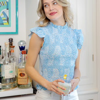 Blue Dot Matrix Smocked Flutter Top
