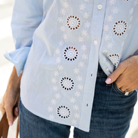 Blue & White Stripe Embroidered Button Down