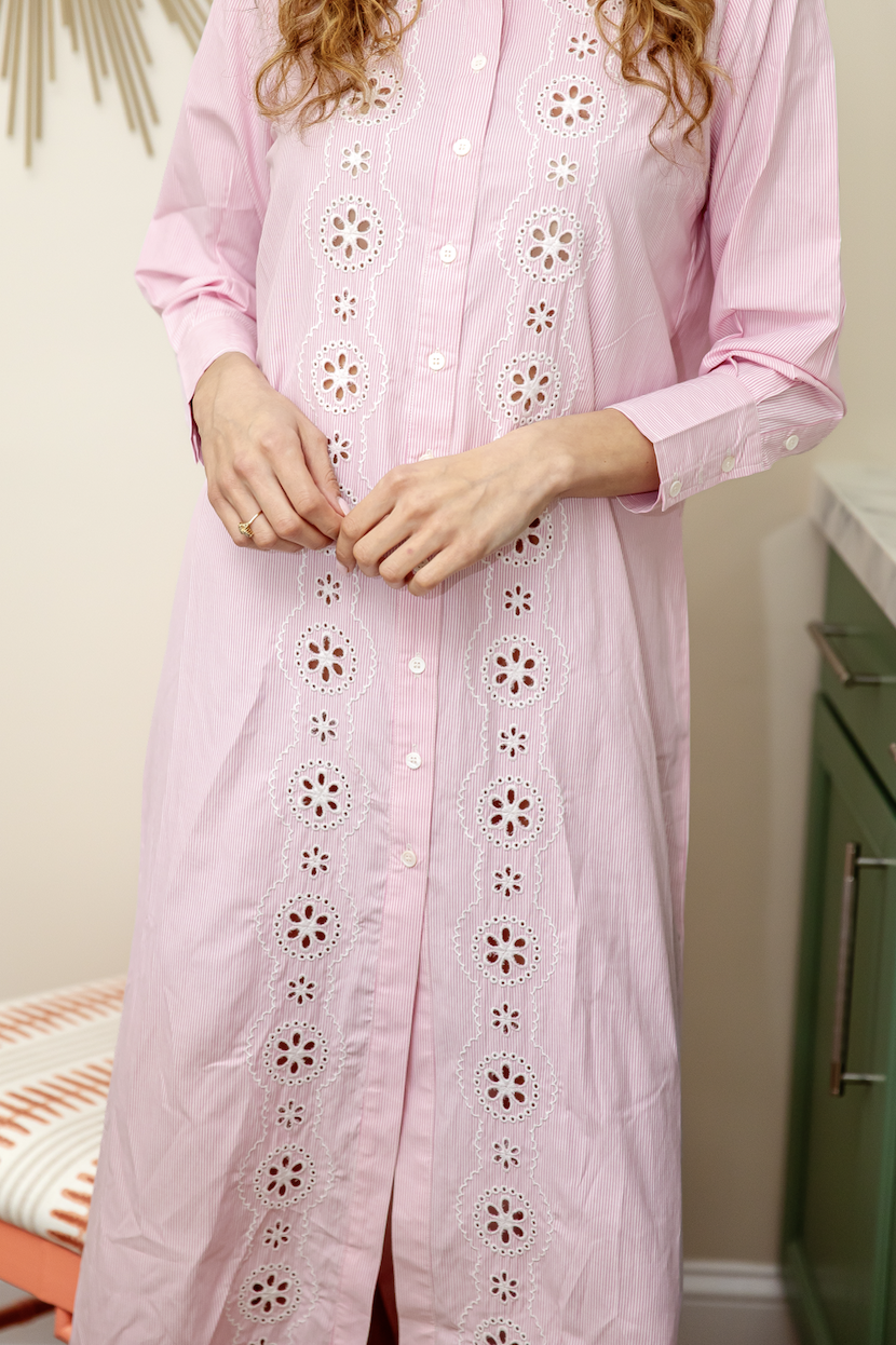 PINK & White Stripe Embroidered Maxi Shirt Dress PINK / XXS / SU26JM003P