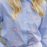 Blue & White Embroidered Button Down Shirt