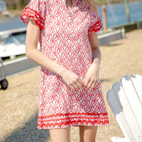 Red Seashell Print Puff Sleeve Button Front Mini Dress