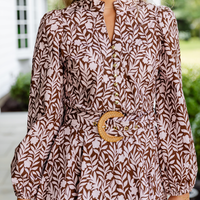 Floral Vine Print Belted Long Sleeve Tunic Dress