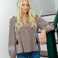 Brown & White Gingham Embroidered Ruffle Front Top with Tassels
