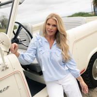 Blue & White Stripe Ruffle Front Top With Tassels