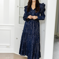 Navy & Gold Lurex Smocked Waist Midi Dress