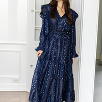 Navy & Gold Lurex Smocked Waist Midi Dress