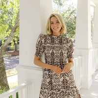 Tropical Block Print Smocked Puff Sleeve Mini Dress